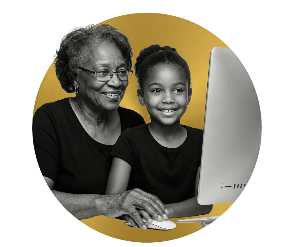 Grandmother and granddaughter learning technology together